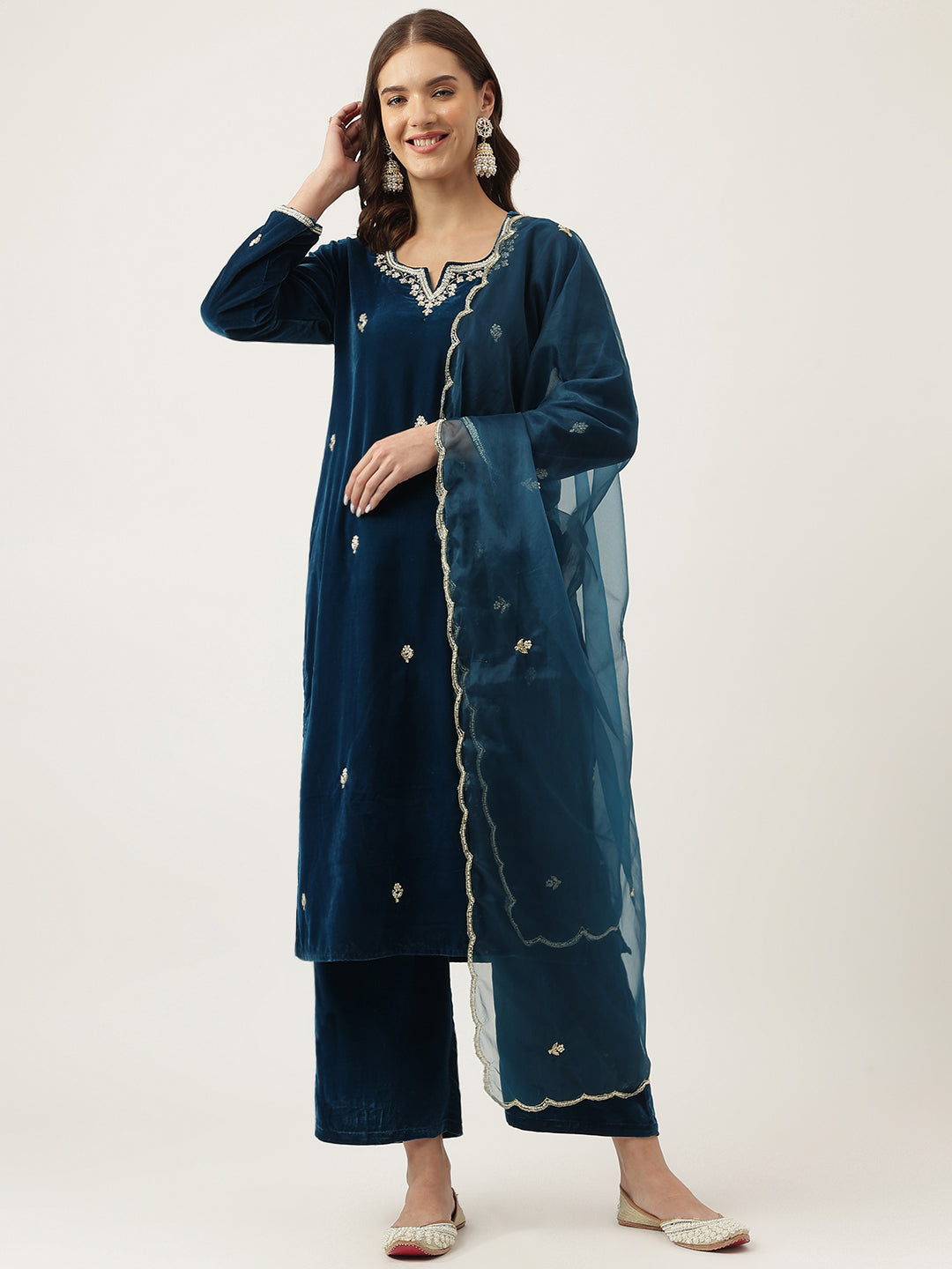 Eshani Rayol Blue Hand Embroidered Velvet Straight Kurta, trousers with Dupatta Set