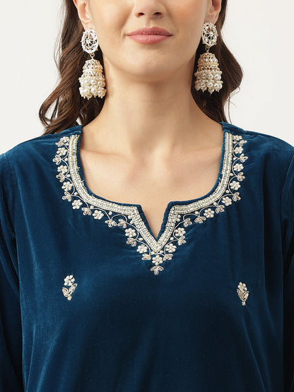 Eshani Rayol Blue Hand Embroidered Velvet Straight Kurta, trousers with Dupatta Set