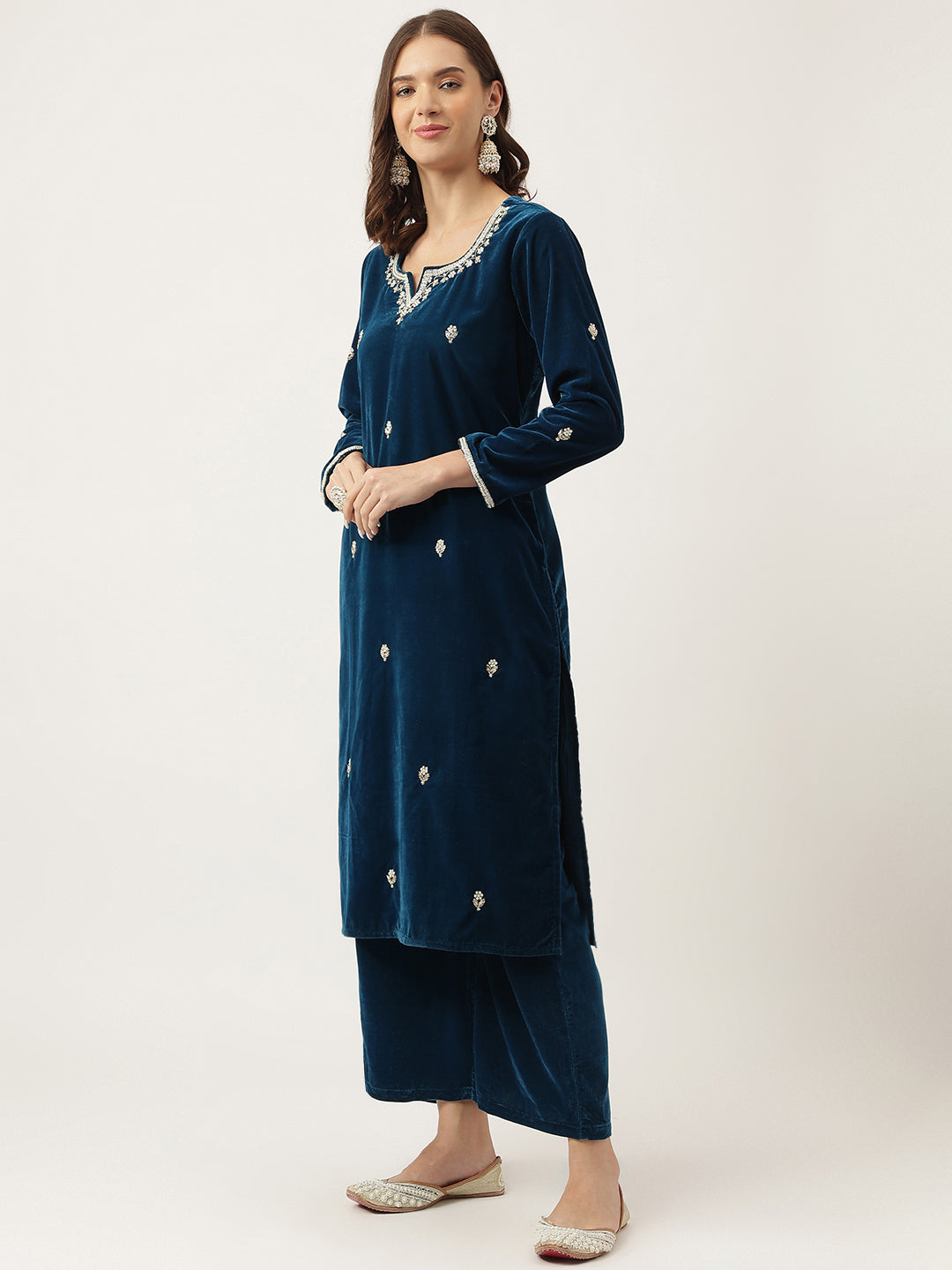 Eshani Rayol Blue Hand Embroidered Velvet Straight Kurta, trousers with Dupatta Set