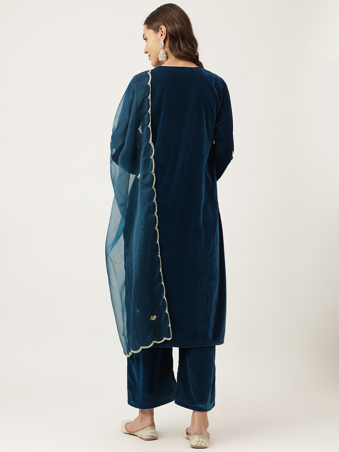 Eshani Rayol Blue Hand Embroidered Velvet Straight Kurta, trousers with Dupatta Set