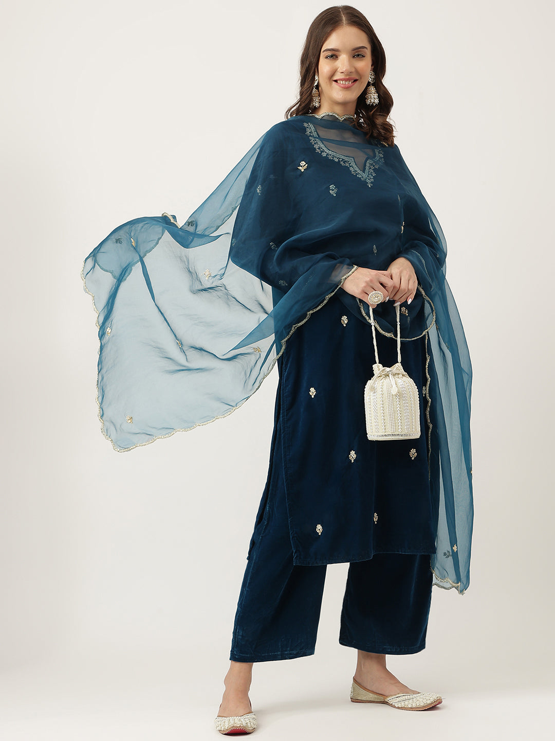 Eshani Rayol Blue Hand Embroidered Velvet Straight Kurta, trousers with Dupatta Set