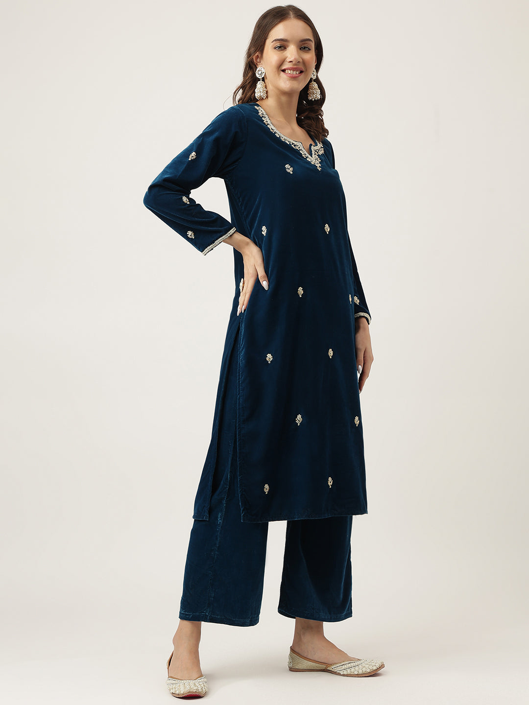 Eshani Rayol Blue Hand Embroidered Velvet Straight Kurta, trousers with Dupatta Set