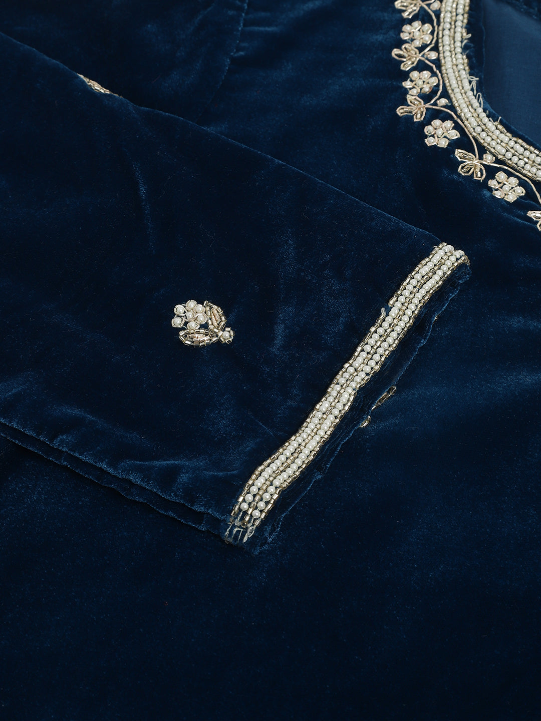 Eshani Rayol Blue Hand Embroidered Velvet Straight Kurta, trousers with Dupatta Set