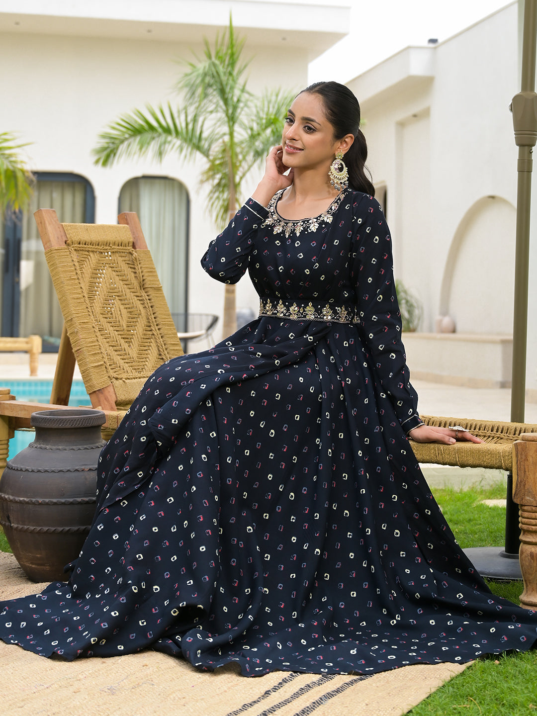 Eshani Navy Blue Bandhani Print Flared Long Dress with Belt