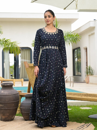 Eshani Navy Blue Bandhani Print Flared Long Dress with Belt