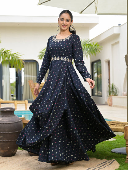 Eshani Navy Blue Bandhani Print Flared Long Dress with Belt