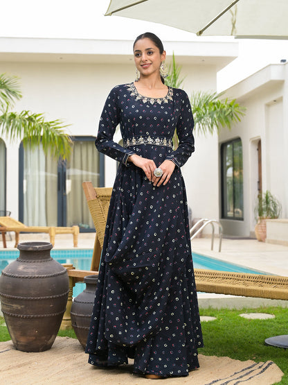 Eshani Navy Blue Bandhani Print Flared Long Dress with Belt