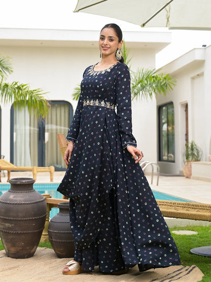 Eshani Navy Blue Bandhani Print Flared Long Dress with Belt