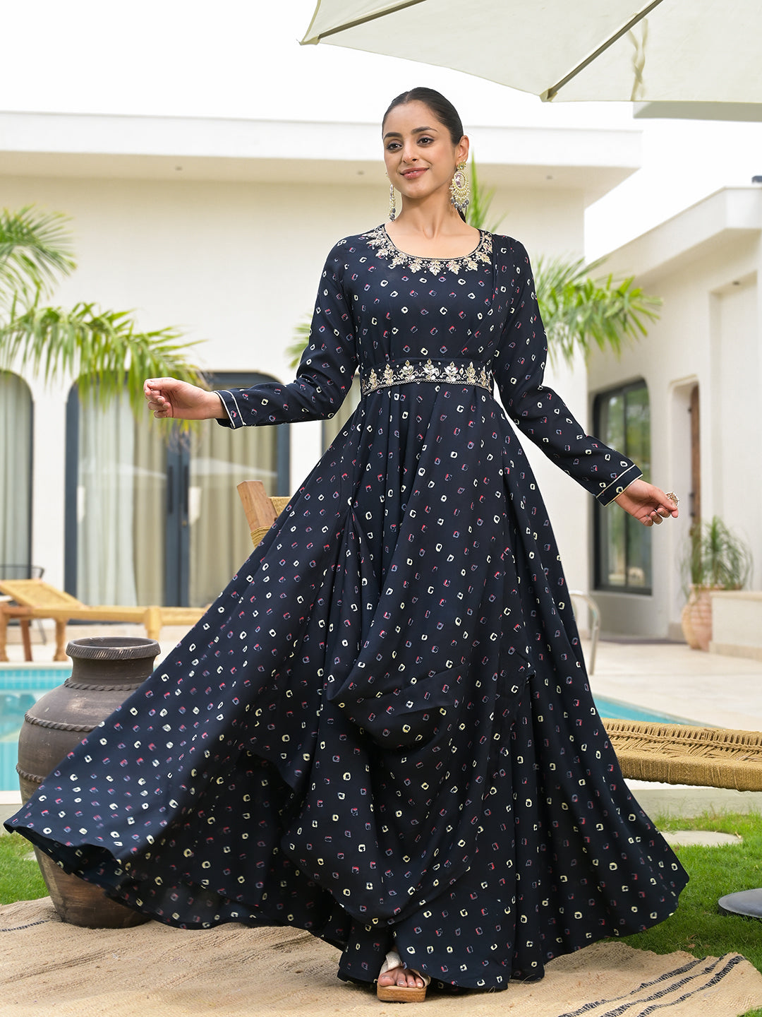 Eshani Navy Blue Bandhani Print Flared Long Dress with Belt