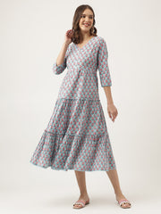 Eshani Sky Blue Floral Printed Cotton Tiered Dress