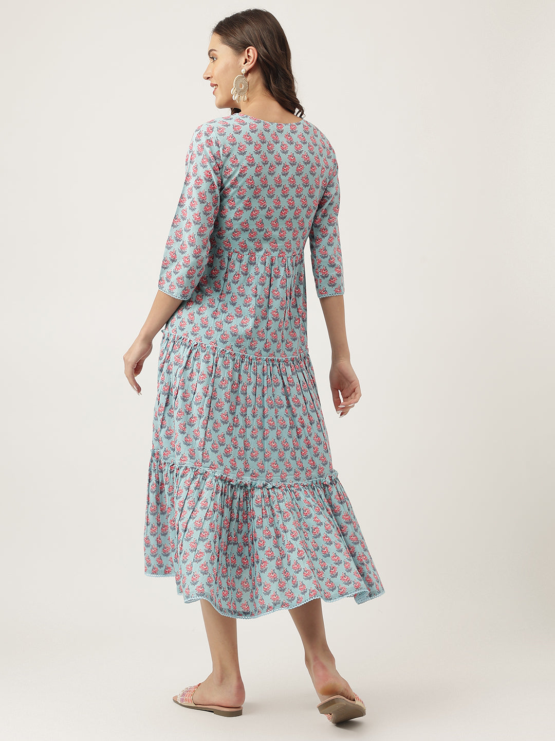 Eshani Sky Blue Floral Printed Cotton Tiered Dress