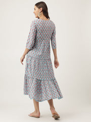 Eshani Sky Blue Floral Printed Cotton Tiered Dress
