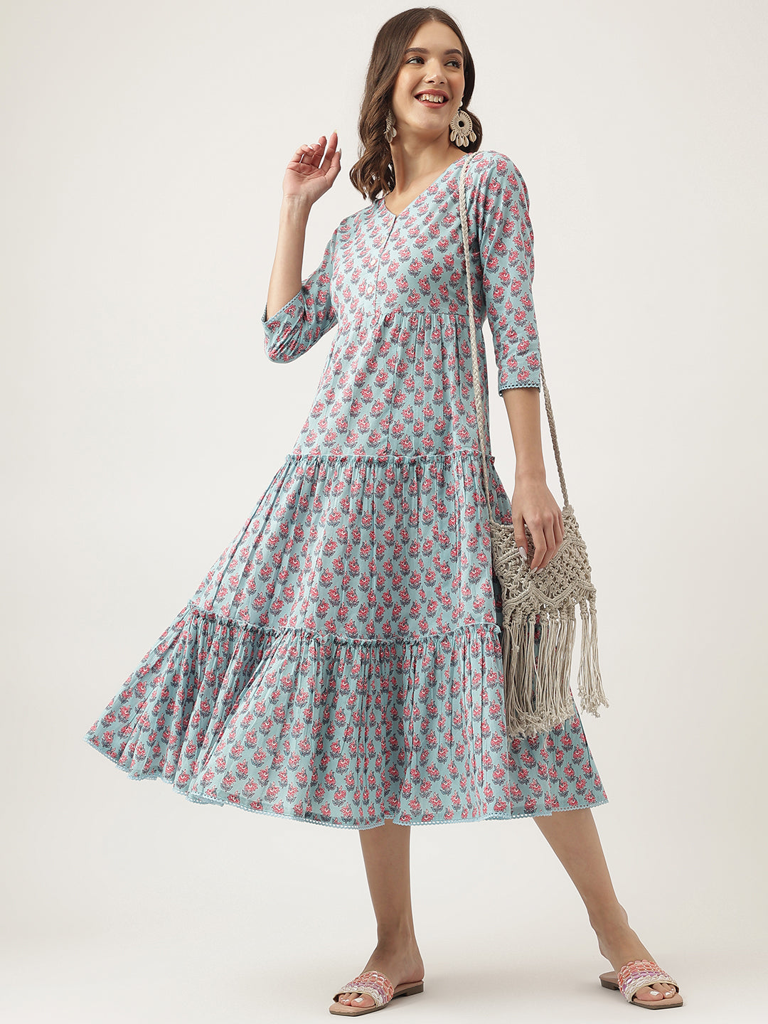 Eshani Sky Blue Floral Printed Cotton Tiered Dress