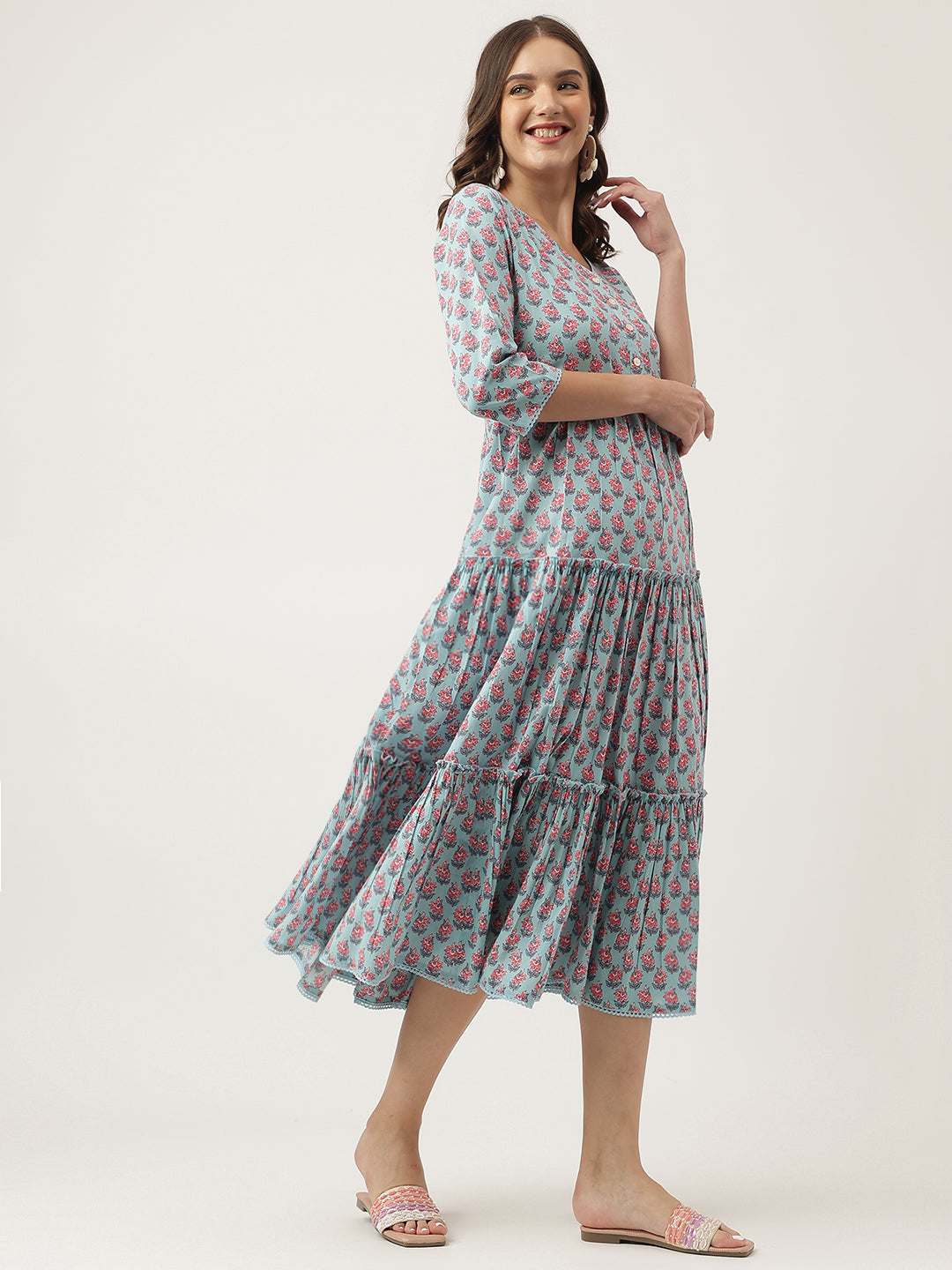 Eshani Sky Blue Floral Printed Cotton Tiered Dress