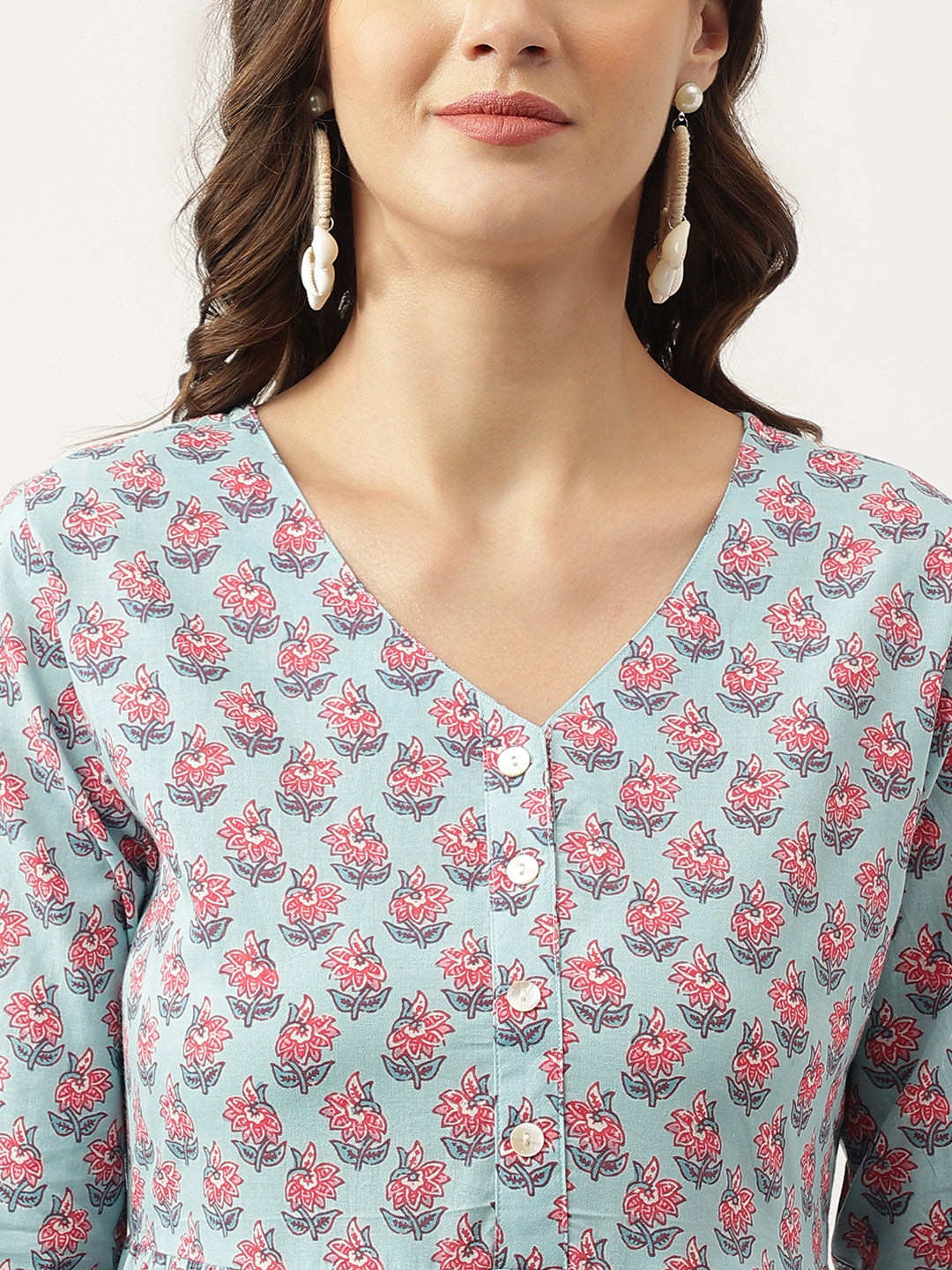 Eshani Sky Blue Floral Printed Cotton Tiered Dress