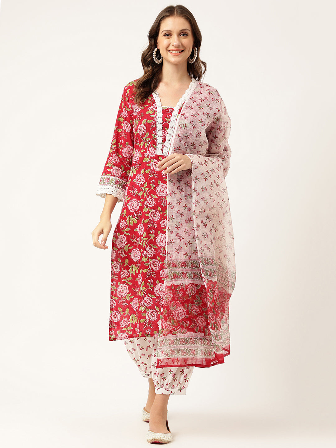 Eshani Floral HandBlock Printed Kurta Trouser & Kota Dori Dupatta Set