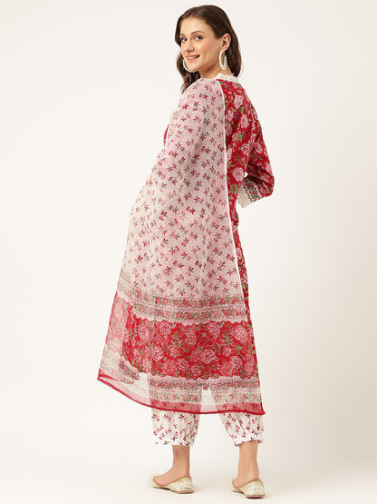 Eshani Floral HandBlock Printed Kurta Trouser & Kota Dori Dupatta Set