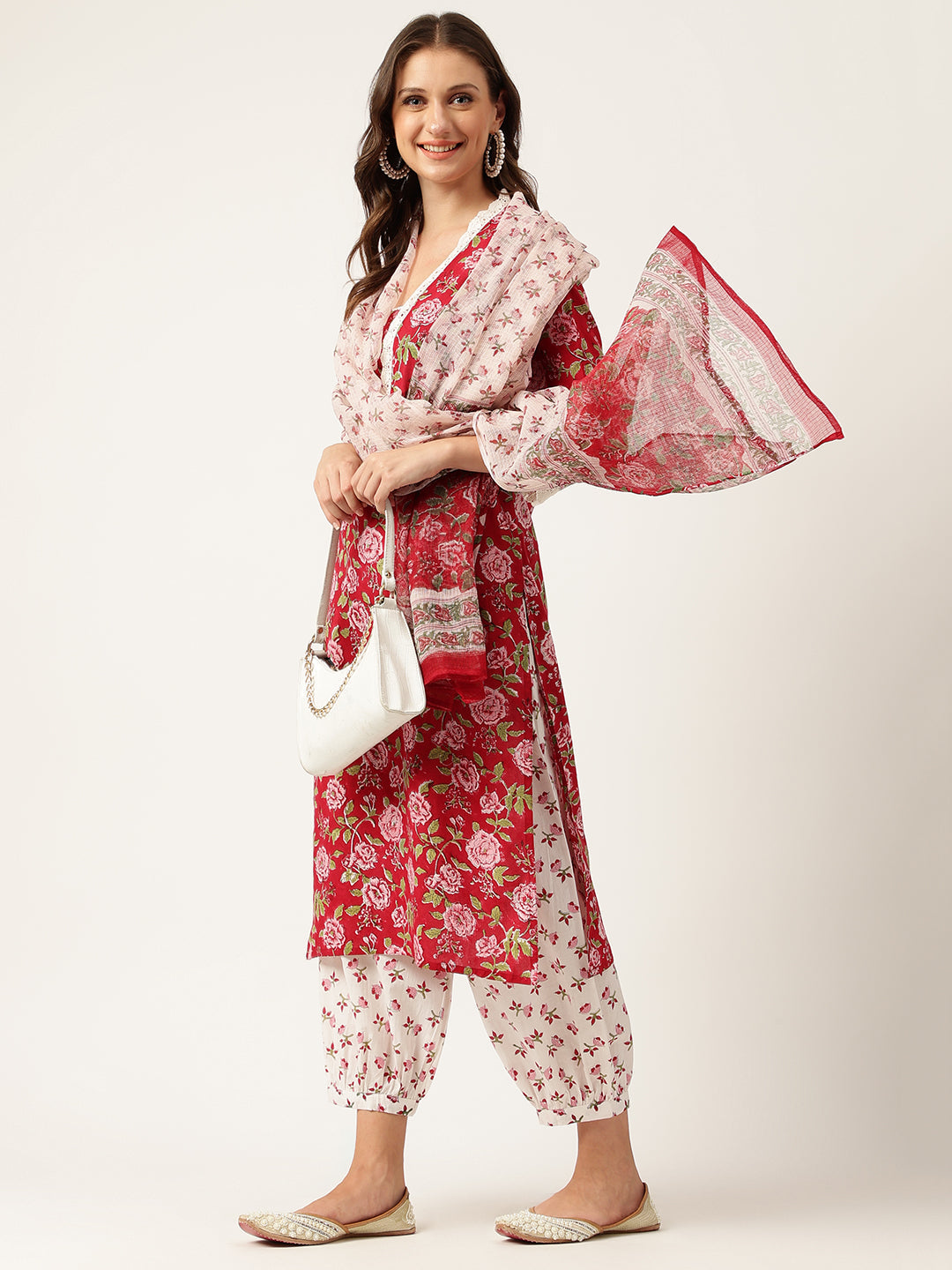 Eshani Floral HandBlock Printed Kurta Trouser & Kota Dori Dupatta Set