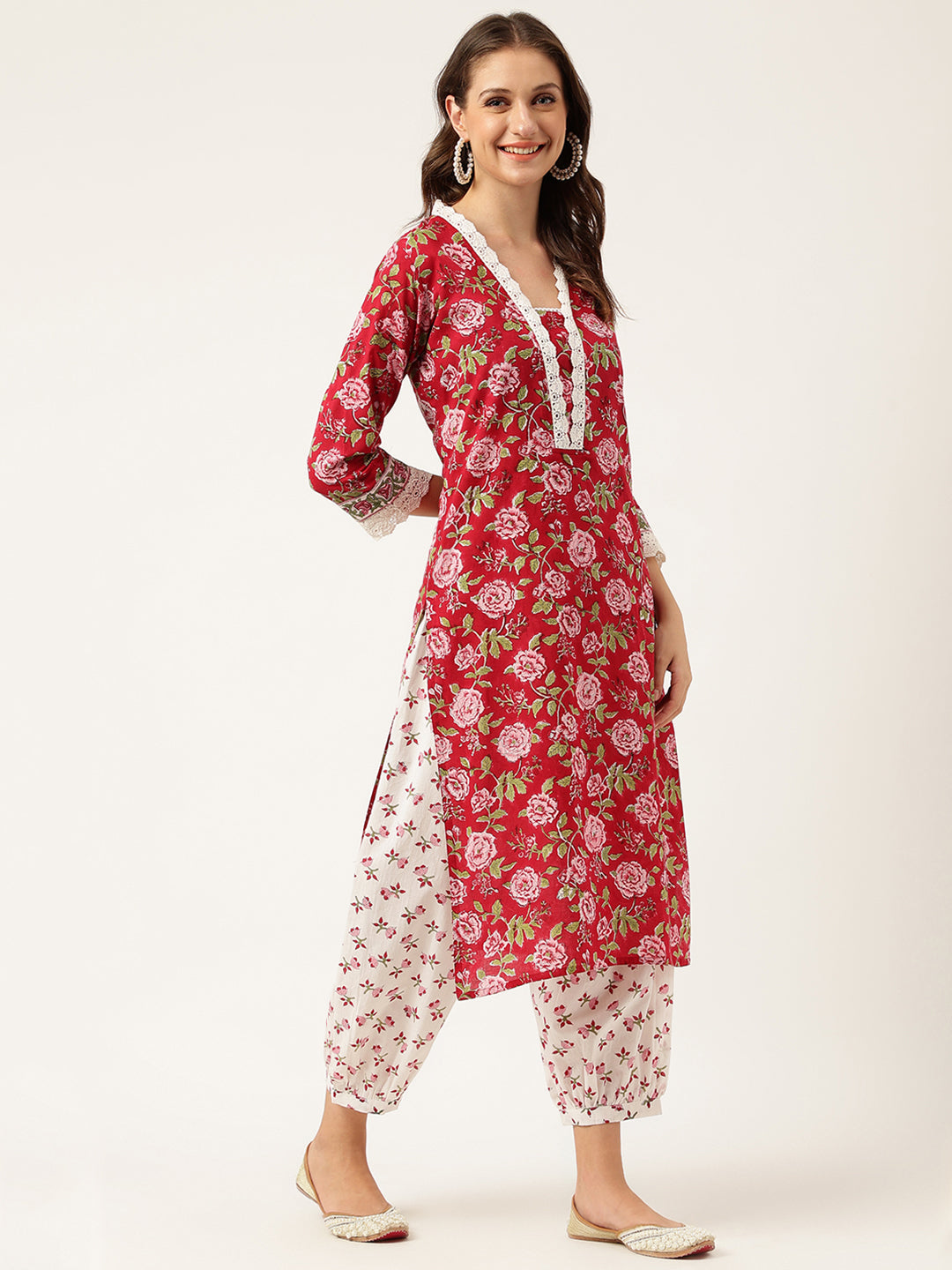 Eshani Floral HandBlock Printed Kurta Trouser & Kota Dori Dupatta Set