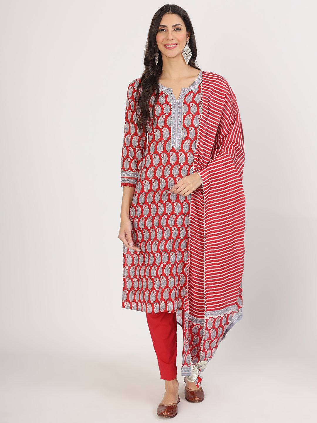 Eshani Maroon Paisley Print Cotton Kurta pants with Dupatta set