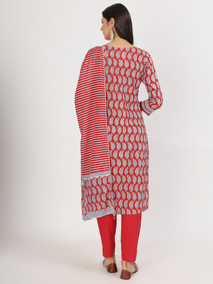 Eshani Maroon Paisley Print Cotton Kurta pants with Dupatta set