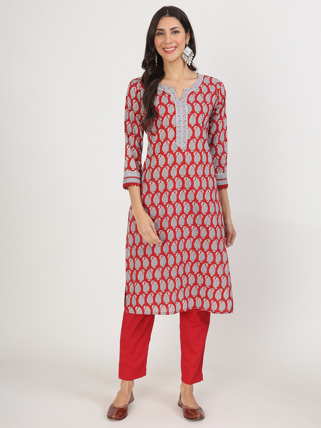 Eshani Maroon Paisley Print Cotton Kurta pants with Dupatta set