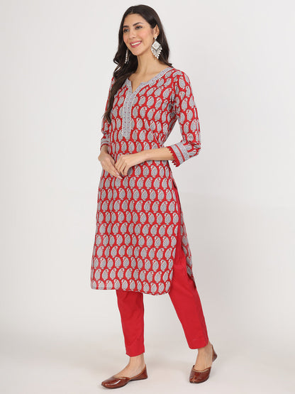 Eshani Maroon Paisley Print Cotton Kurta pants with Dupatta set