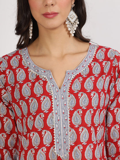 Eshani Maroon Paisley Print Cotton Kurta pants with Dupatta set