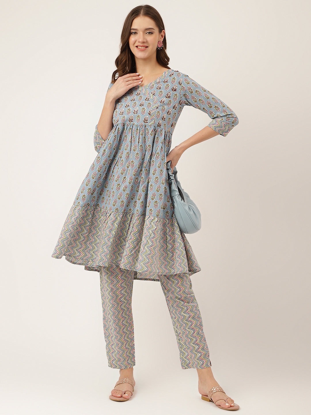 Eshani Sky Blue Hand Block Floral Print Cotton Kurta, Trouser