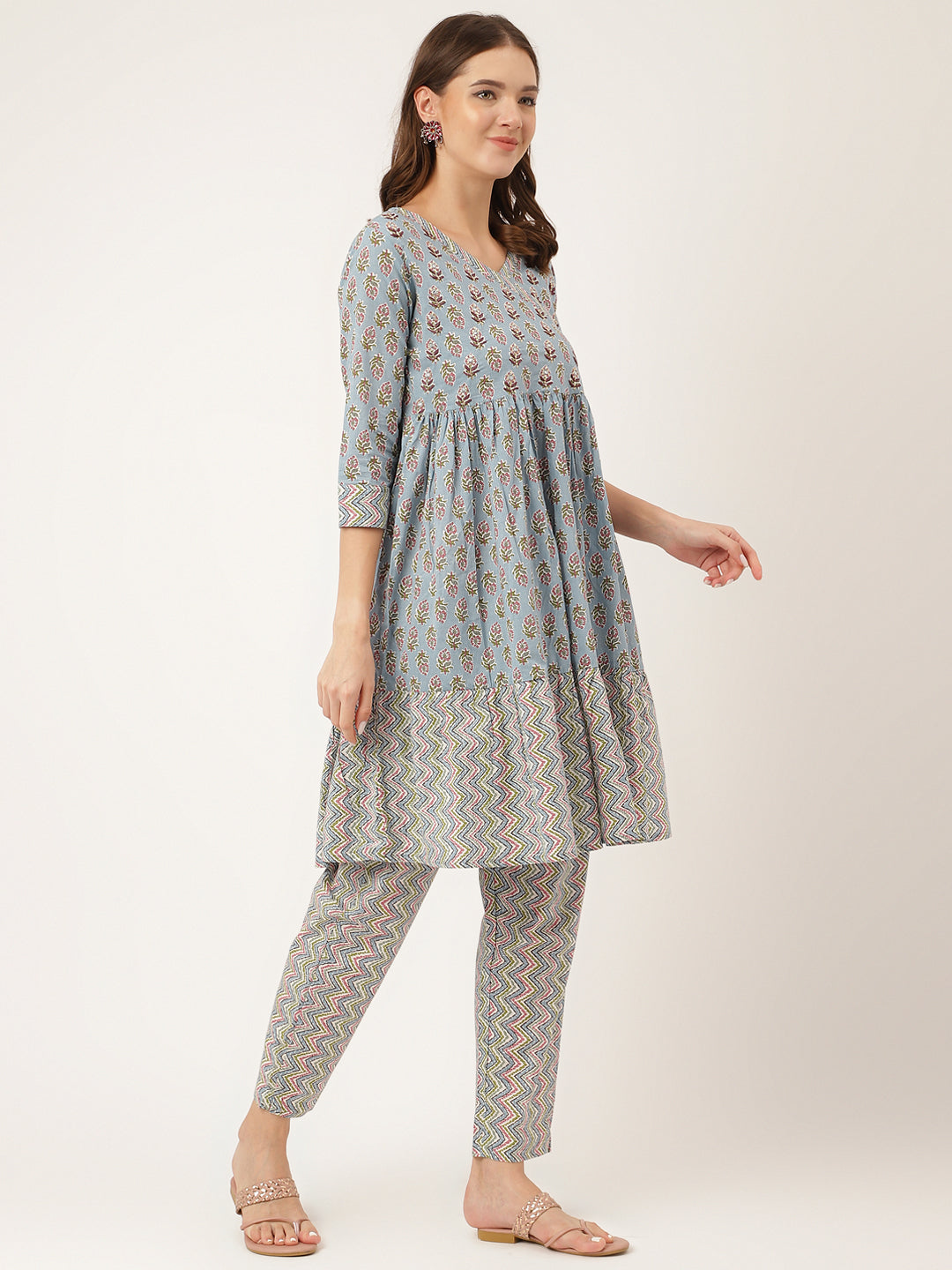 Eshani Sky Blue Hand Block Floral Print Cotton Kurta, Trouser