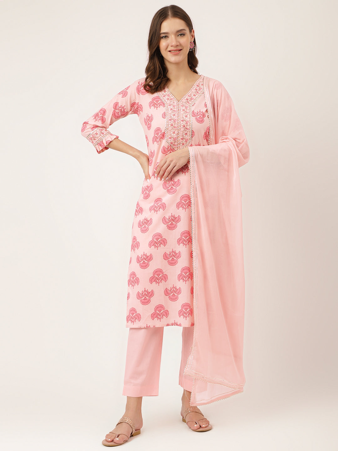 Eshani Pink Floral Print Cotton  Kurta, Trouser & Dupatta