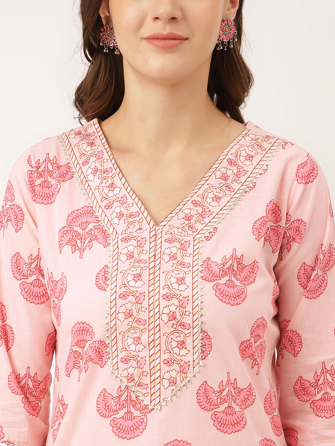 Eshani Pink Floral Print Cotton  Kurta, Trouser & Dupatta