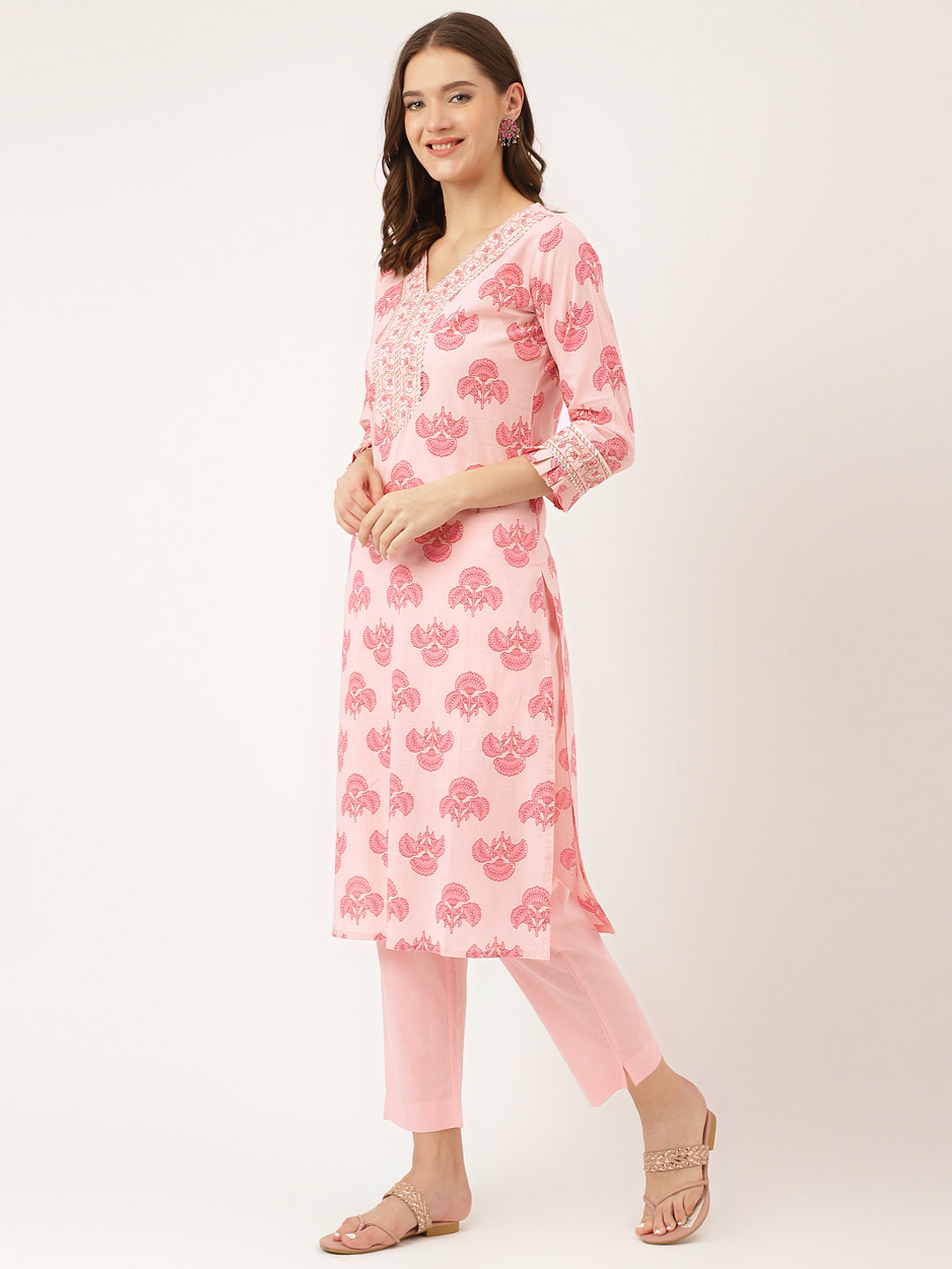 Eshani Pink Floral Print Cotton  Kurta, Trouser & Dupatta