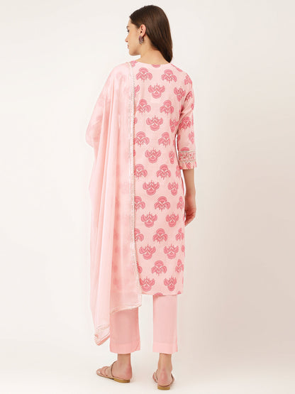 Eshani Pink Floral Print Cotton  Kurta, Trouser & Dupatta