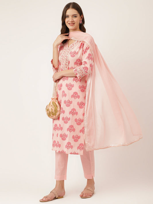 Eshani Pink Floral Print Cotton  Kurta, Trouser & Dupatta