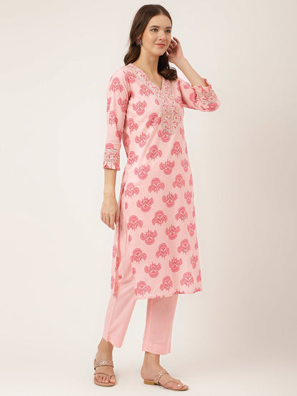 Eshani Pink Floral Print Cotton  Kurta, Trouser & Dupatta