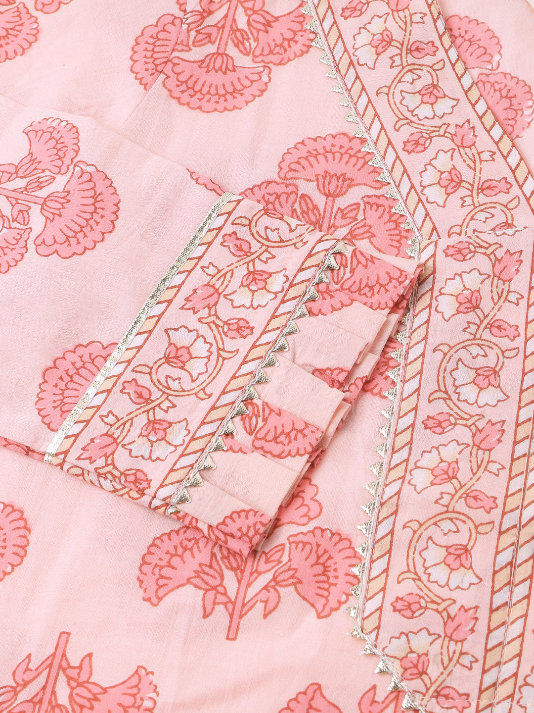 Eshani Pink Floral Print Cotton  Kurta, Trouser & Dupatta