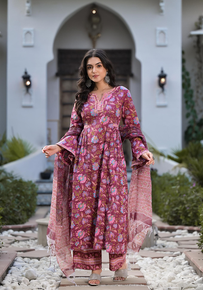 Eshani Magenta Hand Block Floral Printed Cotton Kurta Set