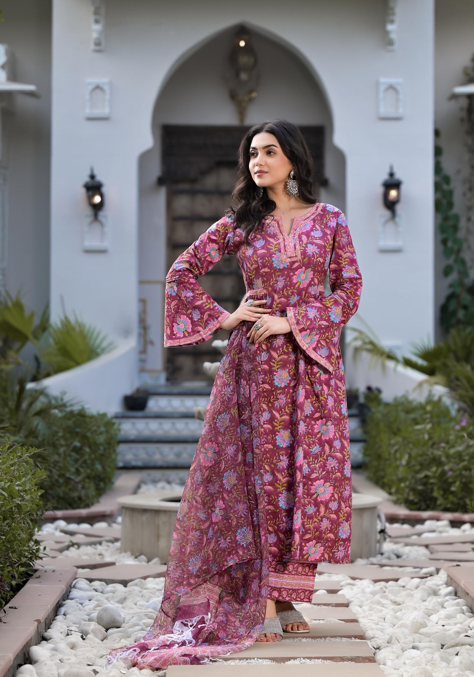Eshani Magenta Hand Block Floral Printed Cotton Kurta Set