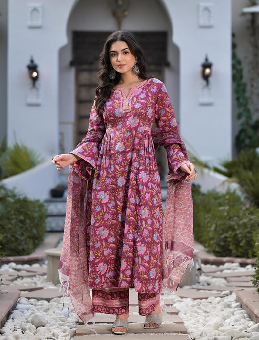 Eshani Magenta Hand Block Floral Printed Cotton Kurta Set