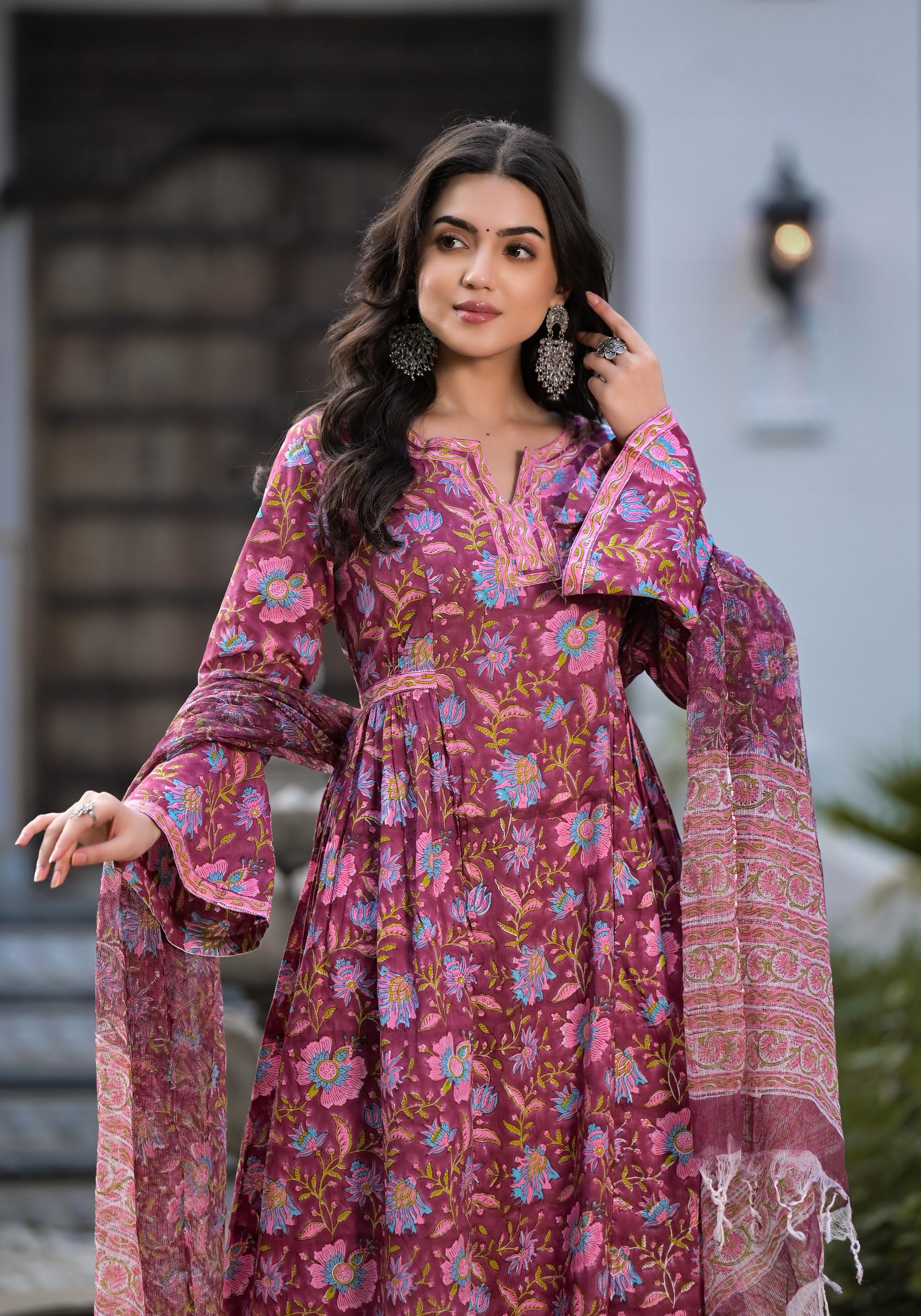 Eshani Magenta Hand Block Floral Printed Cotton Kurta Set