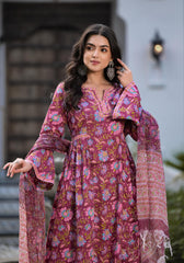 Eshani Magenta Hand Block Floral Printed Cotton Kurta Set