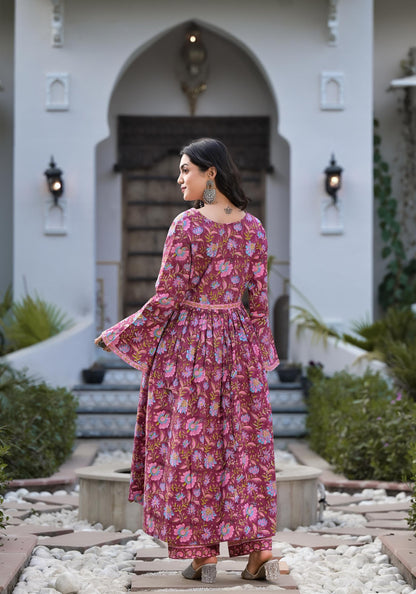 Eshani Magenta Hand Block Floral Printed Cotton Kurta Set