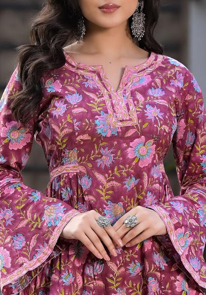 Eshani Magenta Hand Block Floral Printed Cotton Kurta Set