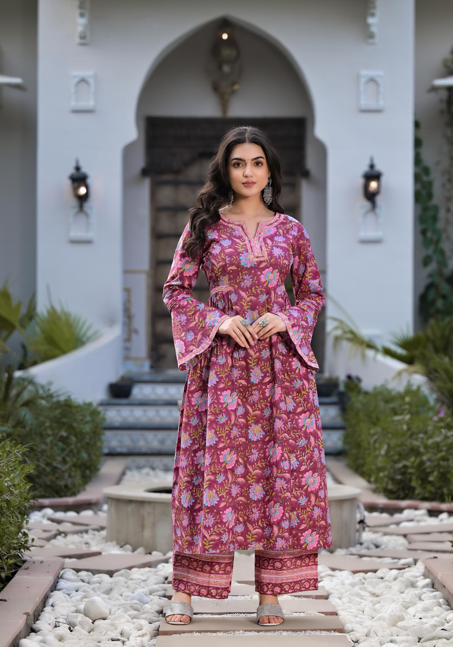 Eshani Magenta Hand Block Floral Printed Cotton Kurta Set