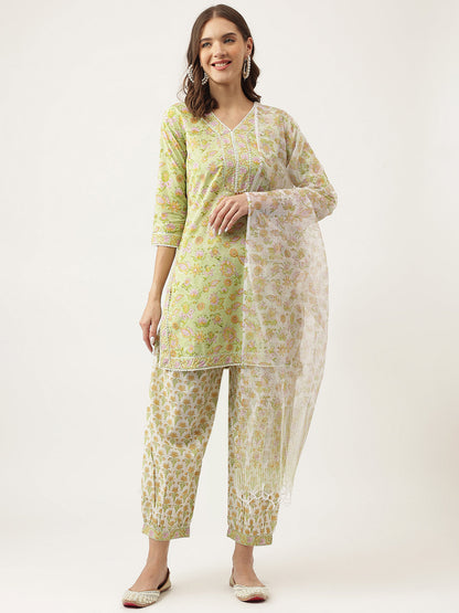 Eshani Green Floral Printed Cotton Straight Short Kurta, trousers with Dupatta Set