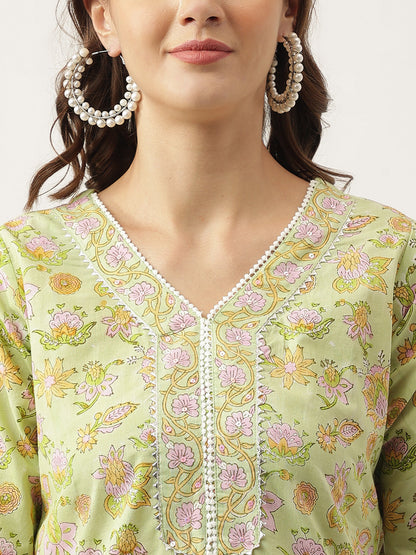 Eshani Green Floral Printed Cotton Straight Short Kurta, trousers with Dupatta Set