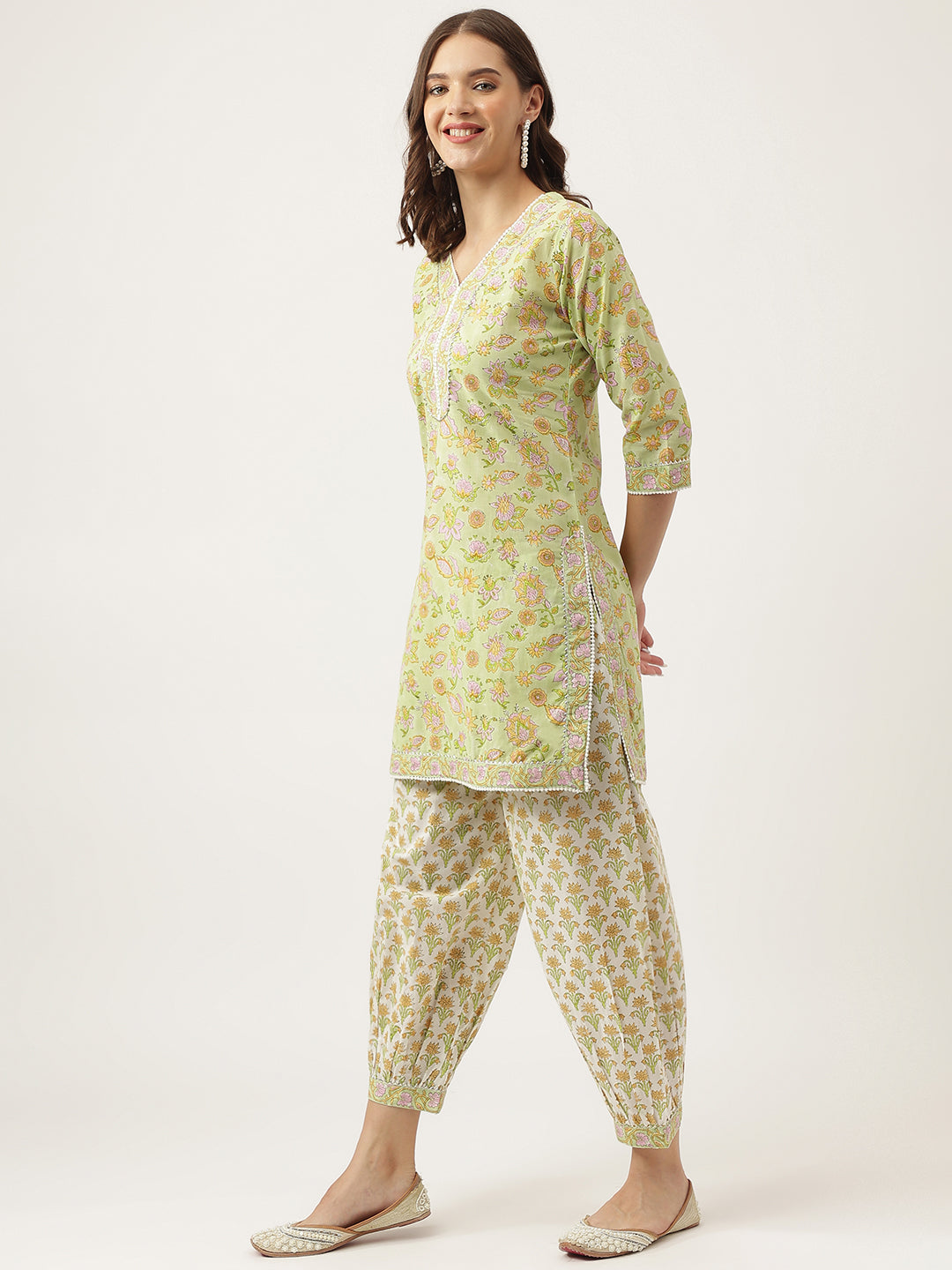 Eshani Green Floral Printed Cotton Straight Short Kurta, trousers with Dupatta Set