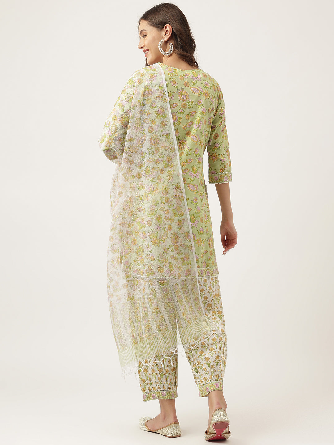 Eshani Green Floral Printed Cotton Straight Short Kurta, trousers with Dupatta Set