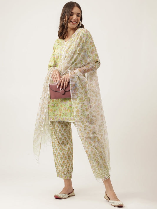 Eshani Green Floral Printed Cotton Straight Short Kurta, trousers with Dupatta Set